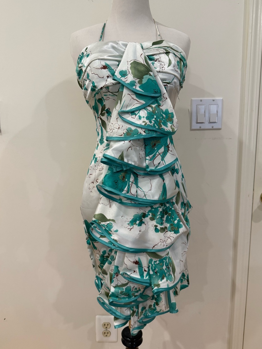 Strapless White and Teal Floral Ruffle Dress with tie strings around the neck